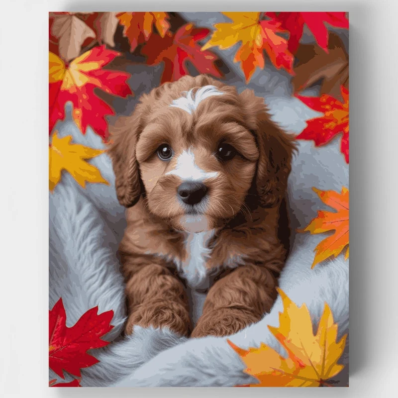 Cockapoo Puppy in Autumn Leaves - Paint by Numbers Kit