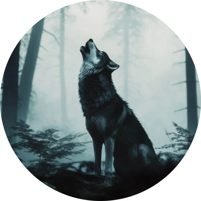 Aluminiumbild Mystisches Wolfsmotiv mit Vollmond im Wald Kreis