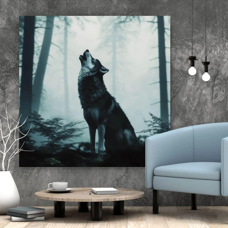 Leinwandbild Mystisches Wolfsmotiv mit Vollmond im Wald Quadrat