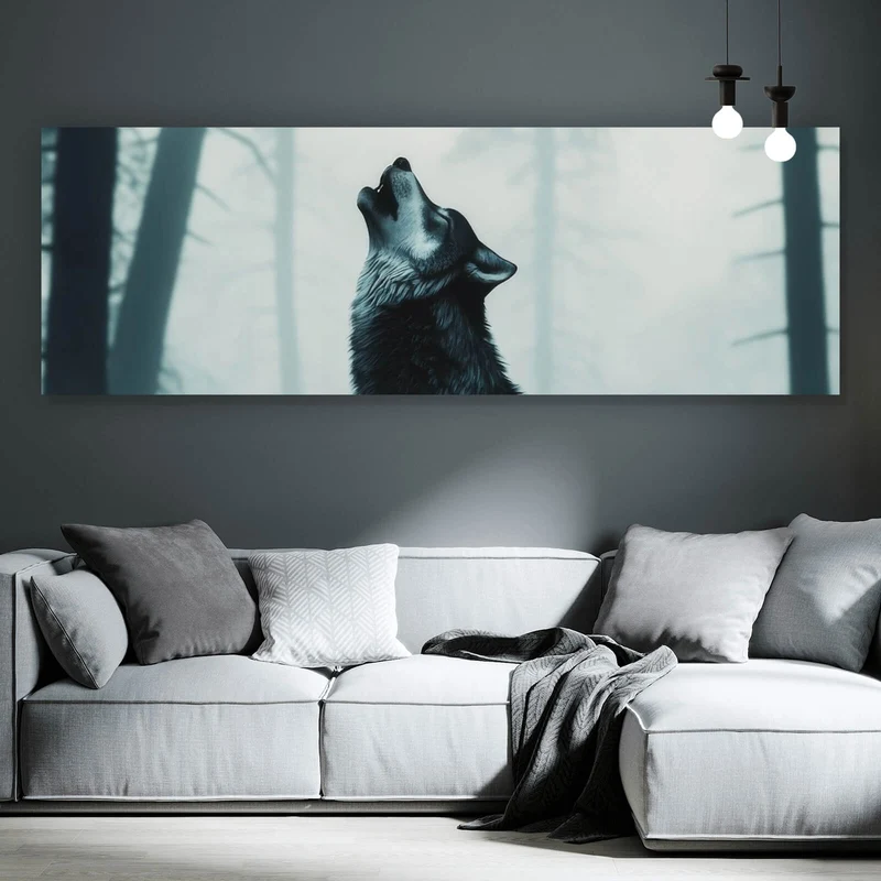 Poster Mystisches Wolfsmotiv mit Vollmond im Wald Panorama