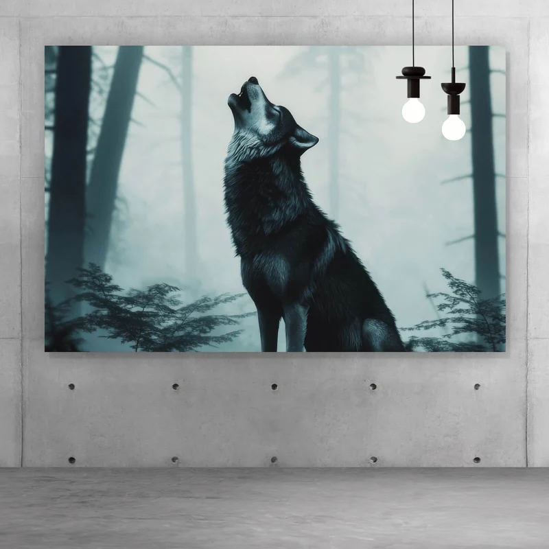 Aluminiumbild Mystisches Wolfsmotiv mit Vollmond im Wald Querformat