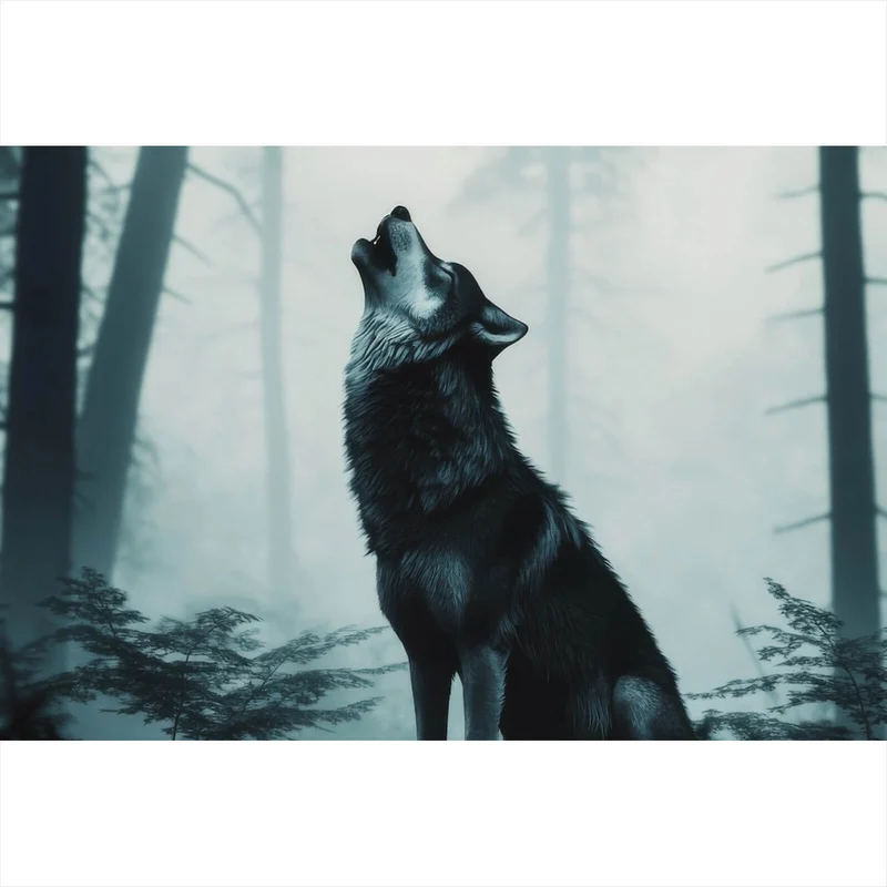 Leinwandbild Mystisches Wolfsmotiv mit Vollmond im Wald Querformat