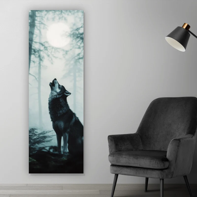 Poster Mystisches Wolfsmotiv mit Vollmond im Wald Panorama Hoch