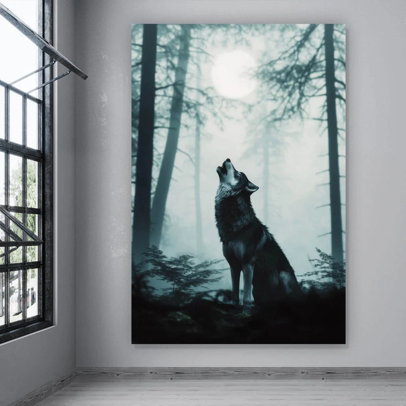 Acrylglasbild Mystisches Wolfsmotiv mit Vollmond im Wald Hochformat