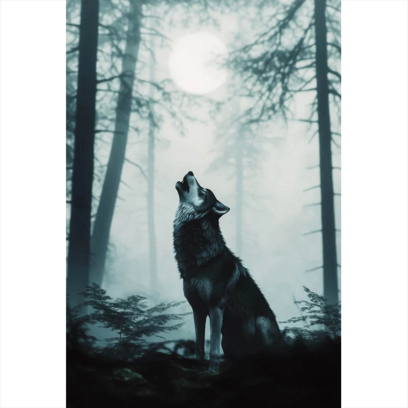 Acrylglasbild Mystisches Wolfsmotiv mit Vollmond im Wald Hochformat