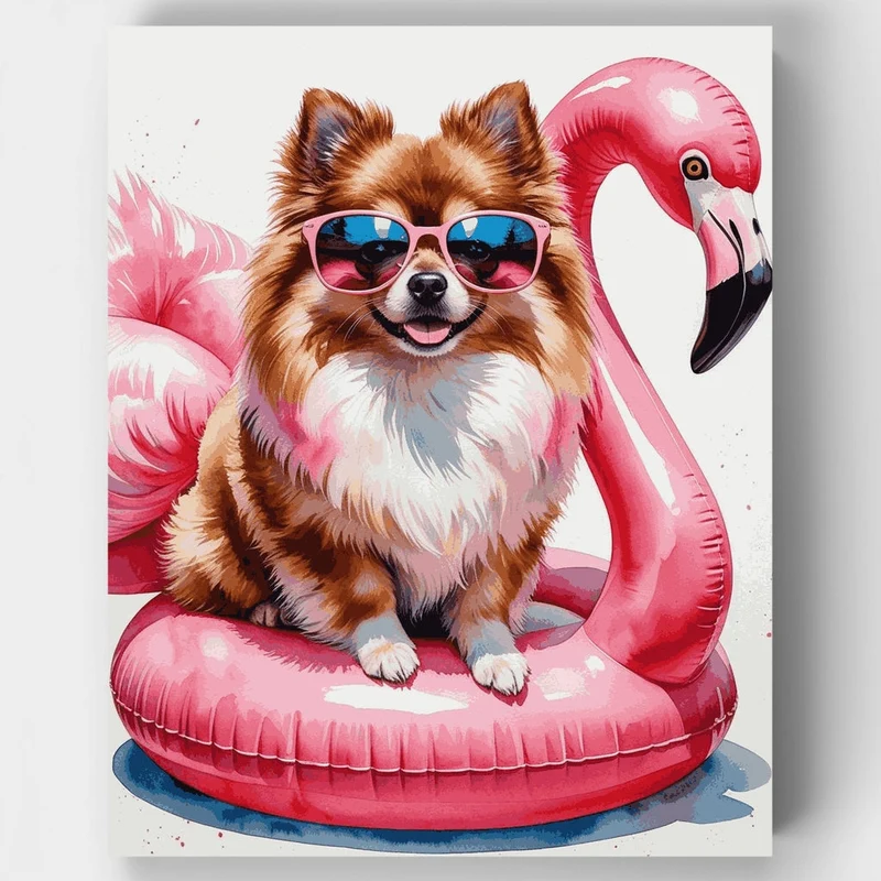 Pomeranian on Flamingo Pool Float - Paint by Numbers Kit