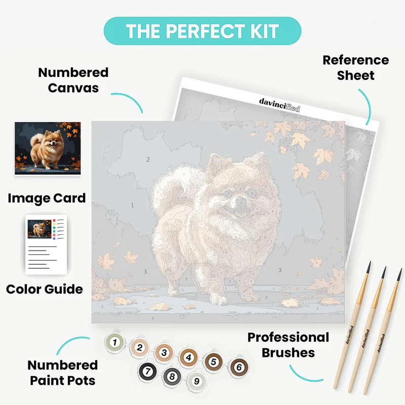 Fluffy Pomeranian in Autumn Leaves - Paint by Numbers Kit