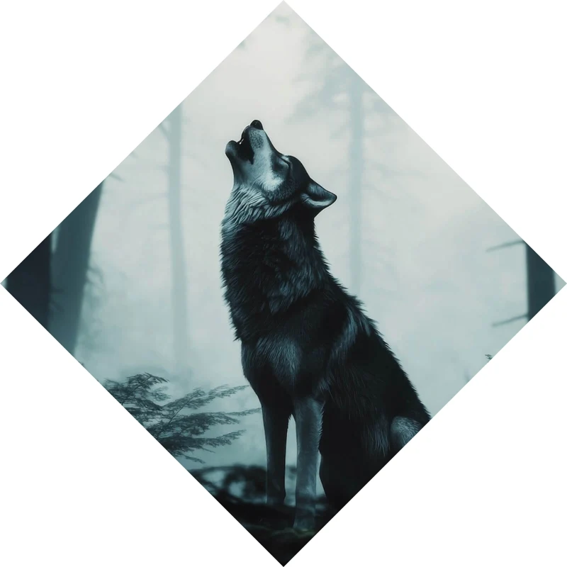 Aluminiumbild gebürstet Mystisches Wolfsmotiv mit Vollmond im Wald Raute