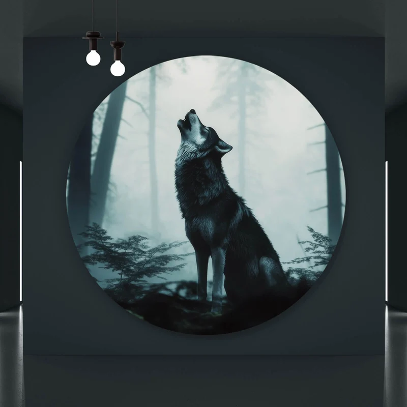 Aluminiumbild gebürstet Mystisches Wolfsmotiv mit Vollmond im Wald Kreis