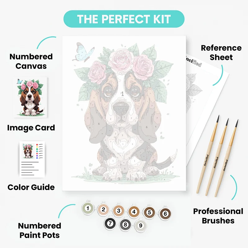 Beagle Puppy with Roses and Butterfly - Paint by Numbers Kit