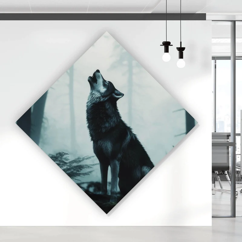 Acrylglasbild Mystisches Wolfsmotiv mit Vollmond im Wald Raute