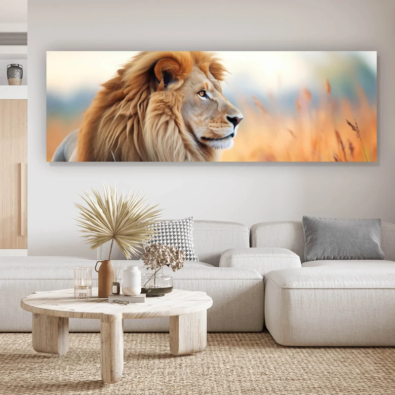Acrylglasbild Majestätischer Löwe in natürlicher Umgebung Panorama