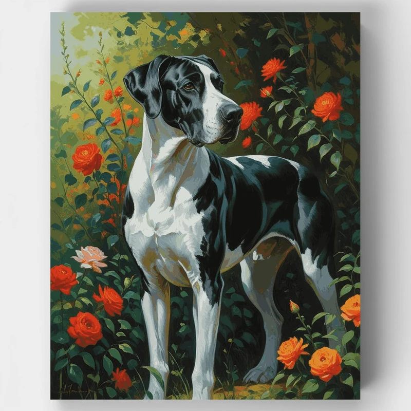 Great Dane in Garden with Orange Flowers - Paint by Numbers Kit