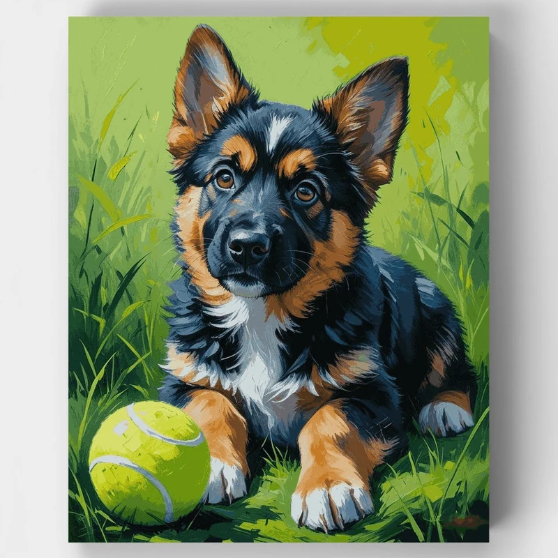 German Shepherd Puppy with Tennis Ball - Paint by Numbers Kit