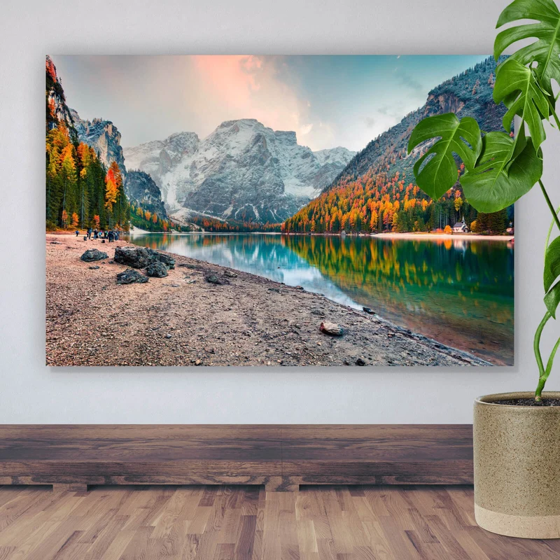 Aluminiumbild gebürstet Berglandschaft mit Spiegelung im See Querformat