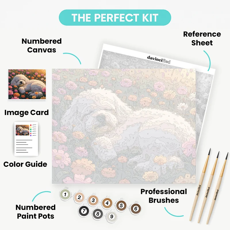 Bichon Frise Resting in Colorful Flower Garden - Paint by Numbers Kit