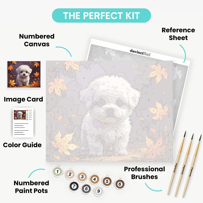 Fluffy White Puppy in Autumn Leaves - Paint by Numbers Kit