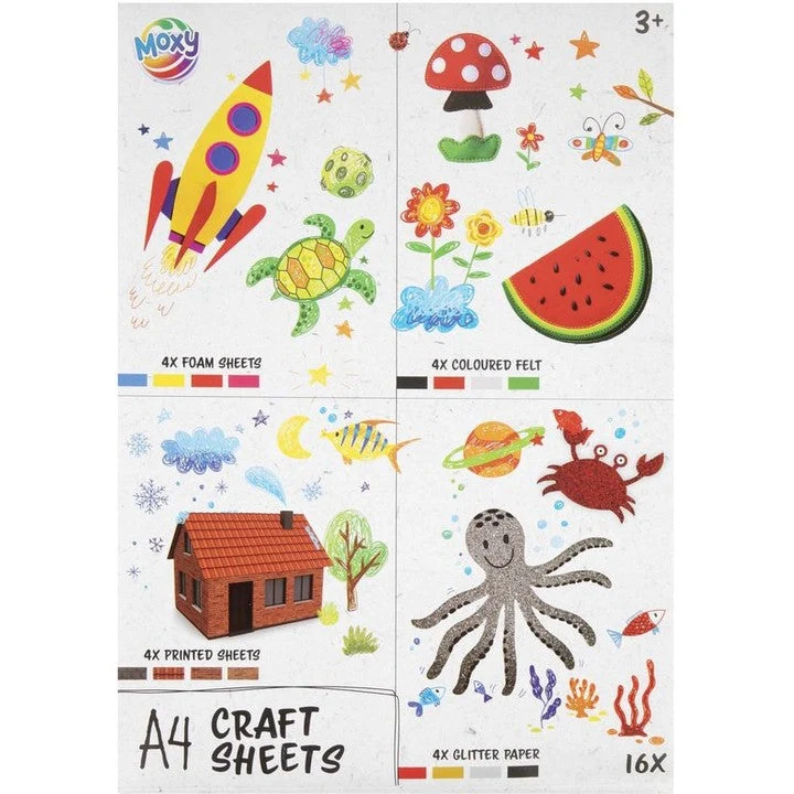 MOXY A4 Craft Sheets Set - 16 Foam, Felt, Glitter and Printed Paper Sheets