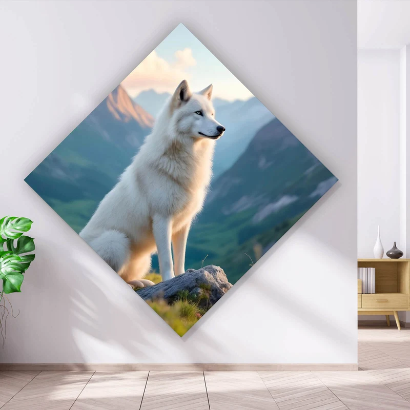 Aluminiumbild Wolf majestätisch mit Berglandschaft Raute