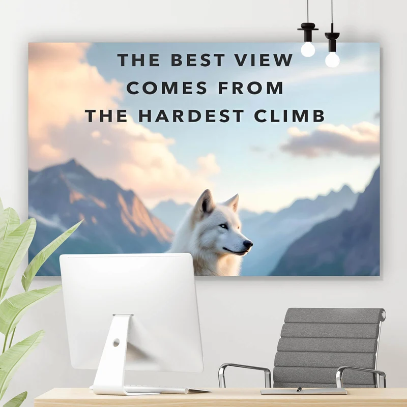 Aluminiumbild Wolf majestätisch mit Berglandschaft Querformat