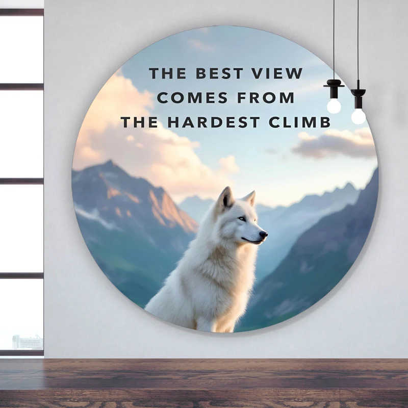 Aluminiumbild gebürstet Wolf majestätisch mit Berglandschaft Kreis