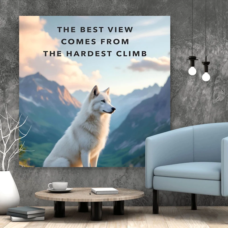 Aluminiumbild Wolf majestätisch mit Berglandschaft Quadrat