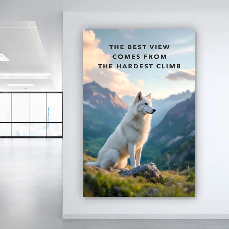 Acrylglasbild Wolf majestätisch mit Berglandschaft Hochformat