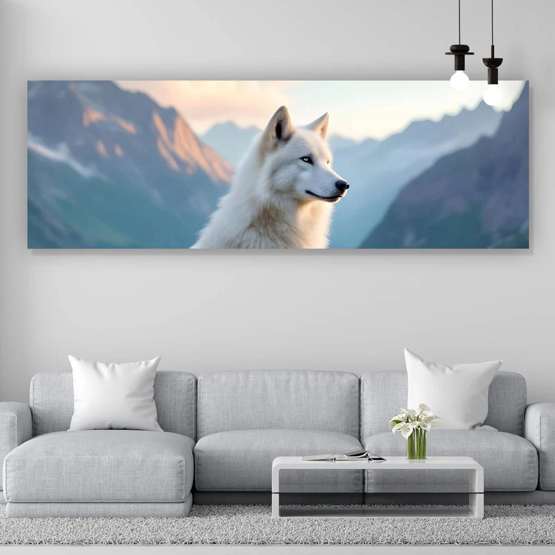 Aluminiumbild Wolf majestätisch mit Berglandschaft Panorama