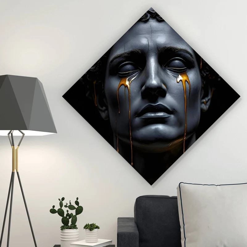 Aluminiumbild gebürstet Medusa Skulptur weinend mit goldener Verzierung Raute