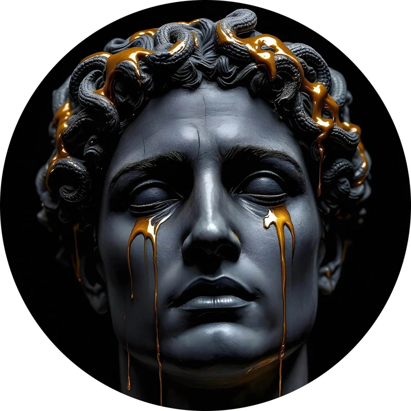 Aluminiumbild Medusa Skulptur weinend mit goldener Verzierung Kreis