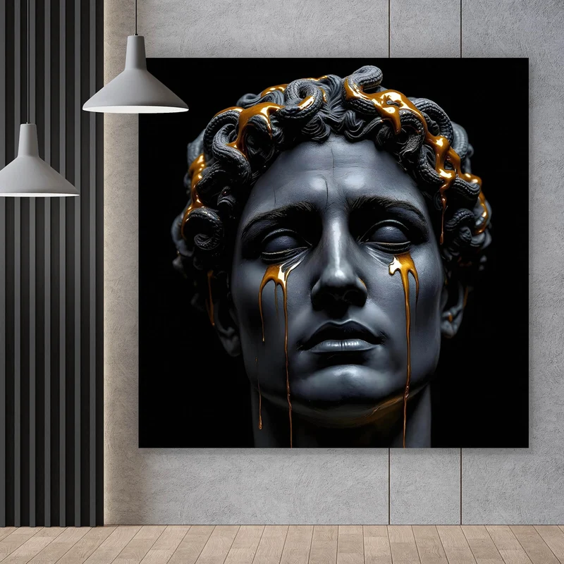 Aluminiumbild Medusa Skulptur weinend mit goldener Verzierung Quadrat