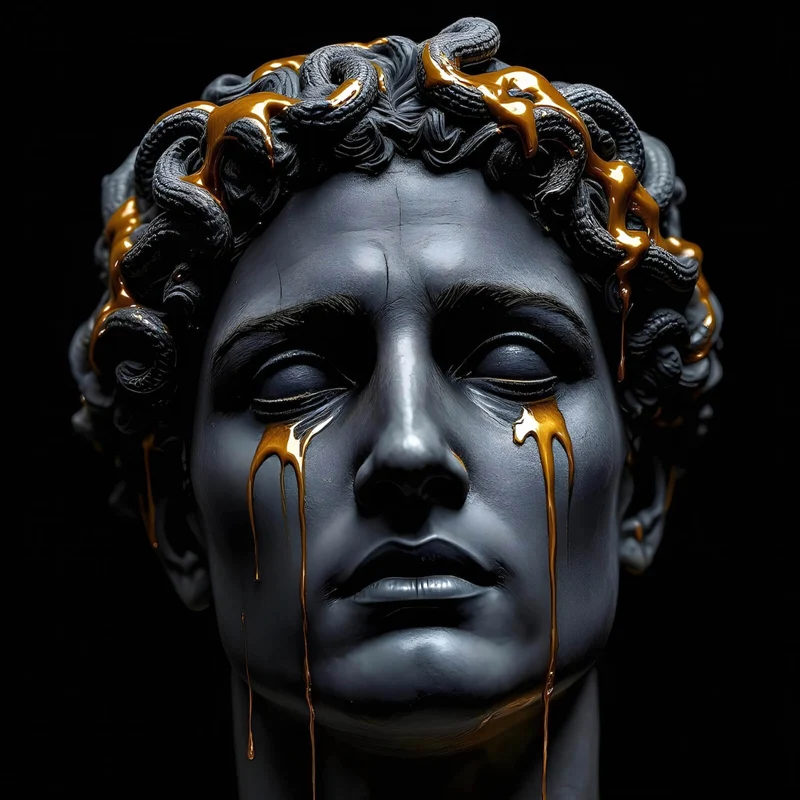 Aluminiumbild Medusa Skulptur weinend mit goldener Verzierung Quadrat