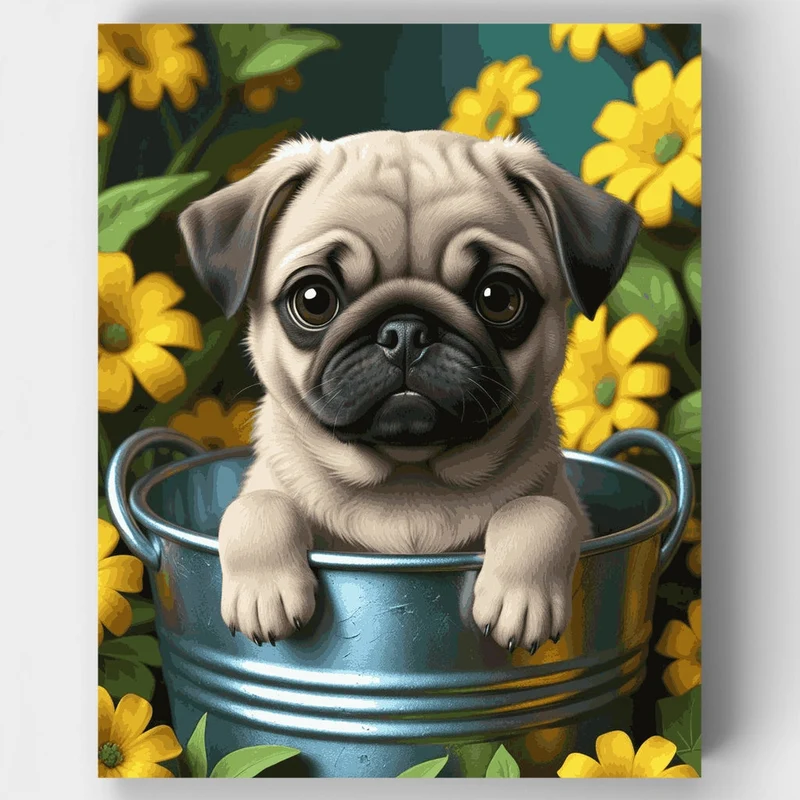 Adorable Pug Puppy in Flower Garden - Paint by Numbers Kit