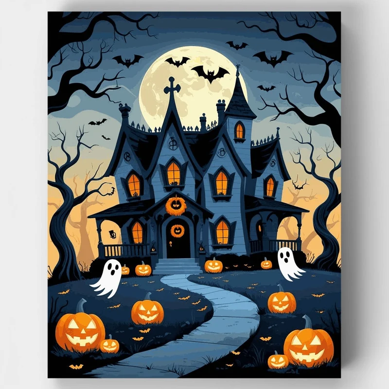 Haunted Victorian House Halloween Night - Paint by Numbers Kit