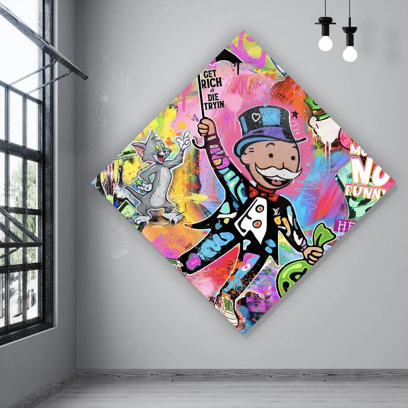 Aluminiumbild gebürstet Bunte Monopoly Collage Pop Art Raute