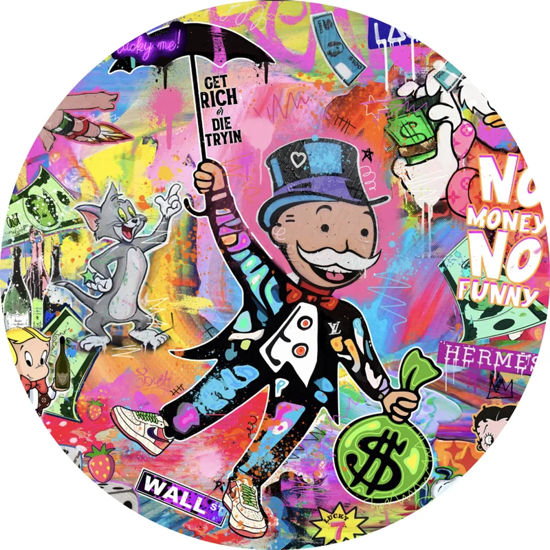 Aluminiumbild Bunte Monopoly Collage Pop Art Kreis