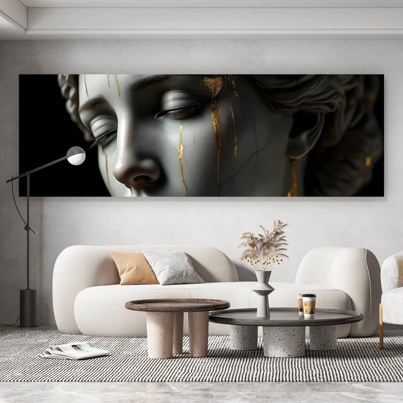 Acrylglasbild Edle moderne Skulptur mit goldenen Akzenten Panorama