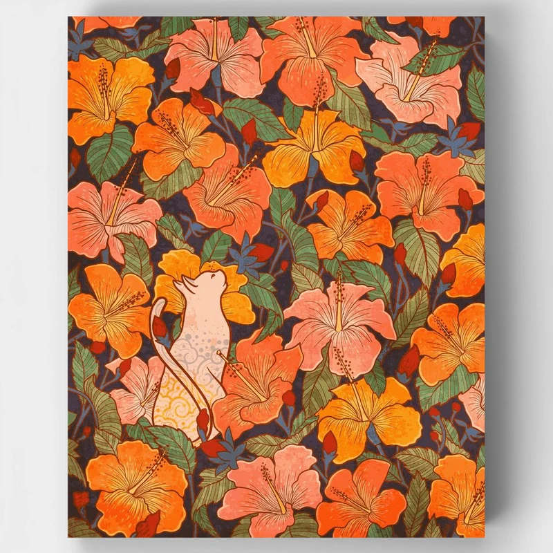 "Cat and hibiscus" Paint by Numbers Kit