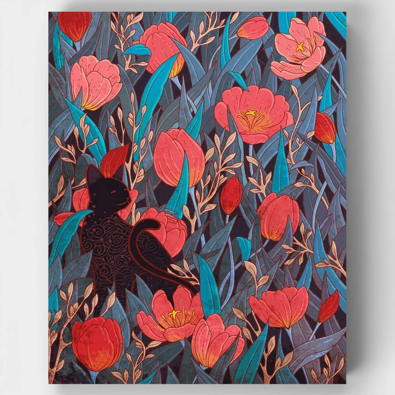 "Black cat and tulips" Paint by Numbers Kit