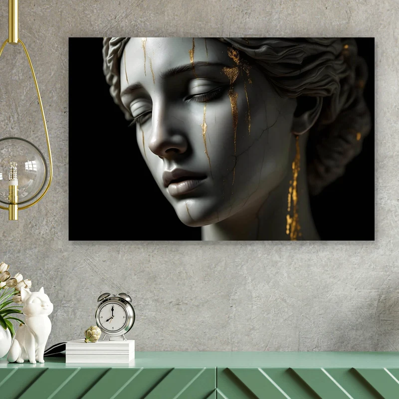 Poster Edle moderne Skulptur mit goldenen Akzenten Querformat
