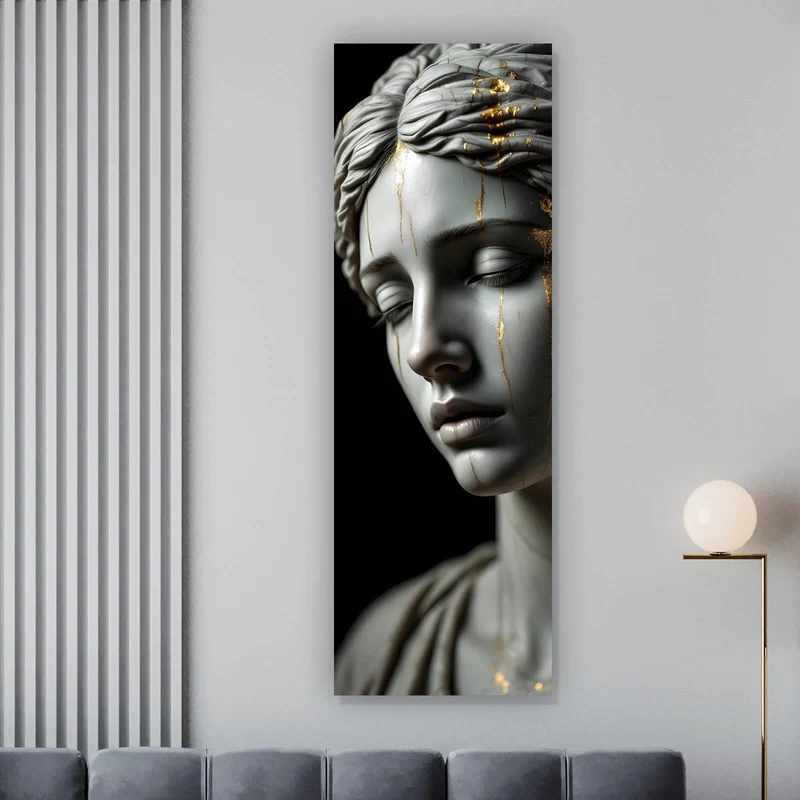 Leinwandbild Edle moderne Skulptur mit goldenen Akzenten Panorama Hoch