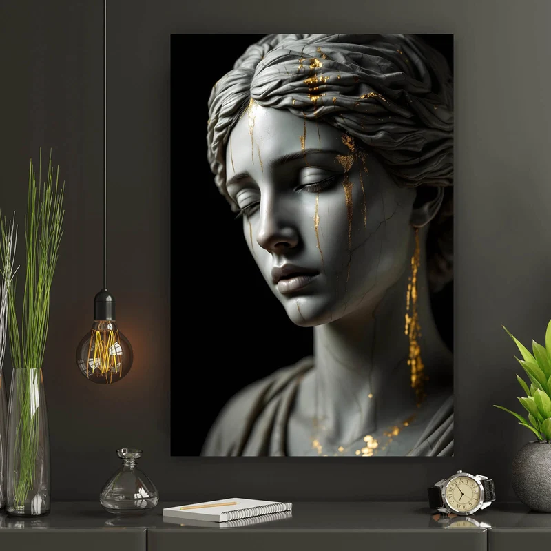 Aluminiumbild gebürstet Edle moderne Skulptur mit goldenen Akzenten Hochformat