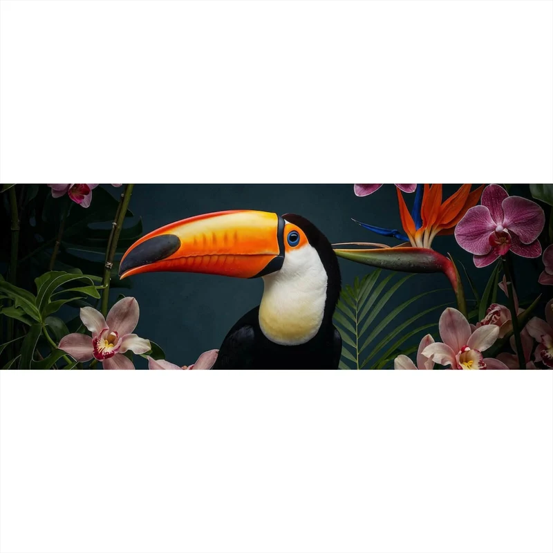 Aluminiumbild Exotischer Vogel mit tropischen Pflanzen Panorama