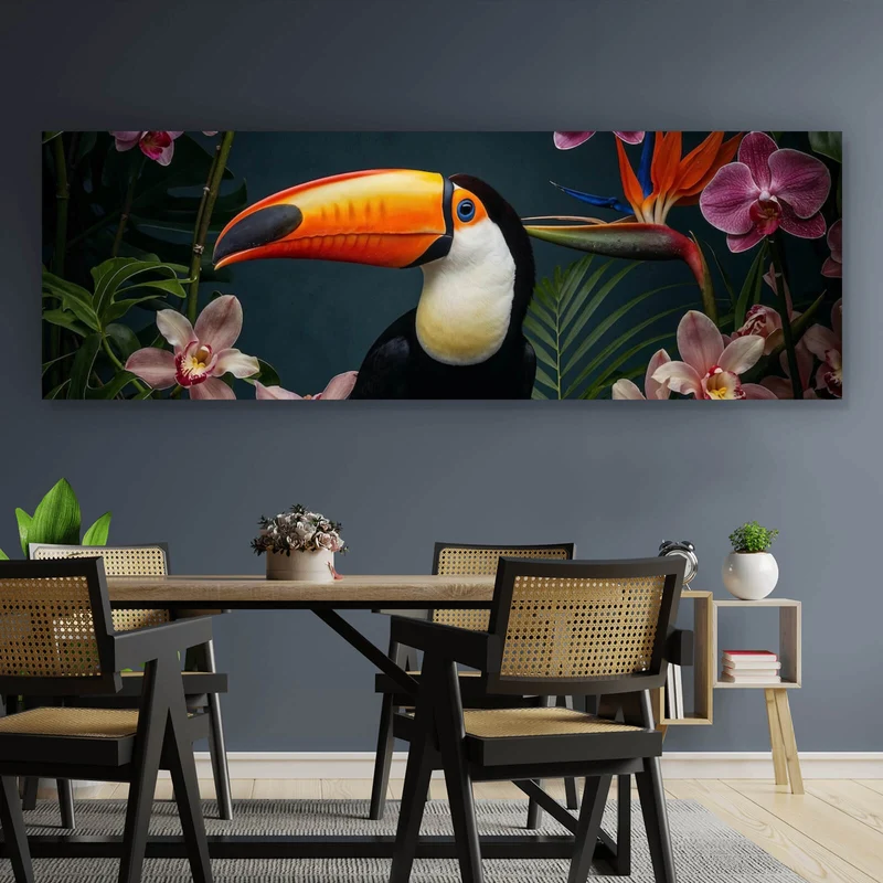 Poster Exotischer Vogel mit tropischen Pflanzen Panorama