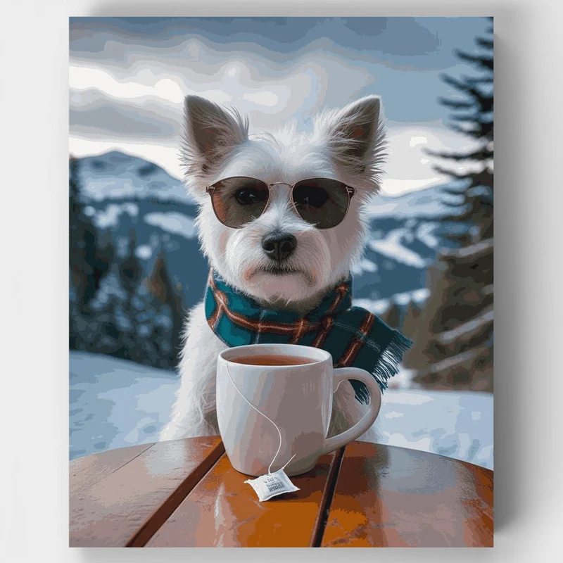Stylish Yorkie with Tea in Winter Mountains - Paint by Numbers Kit