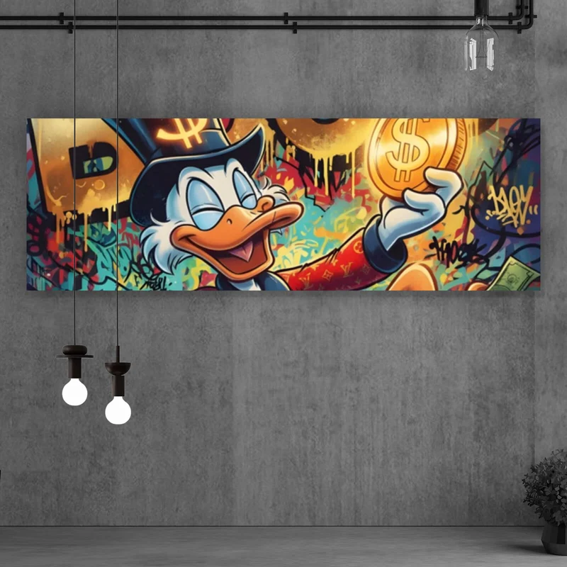 Acrylglasbild Entenboss mit Geldmotiv Panorama