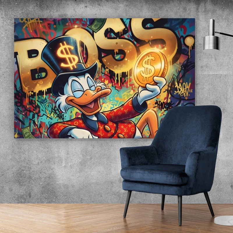 Aluminiumbild Entenboss mit Geldmotiv Querformat