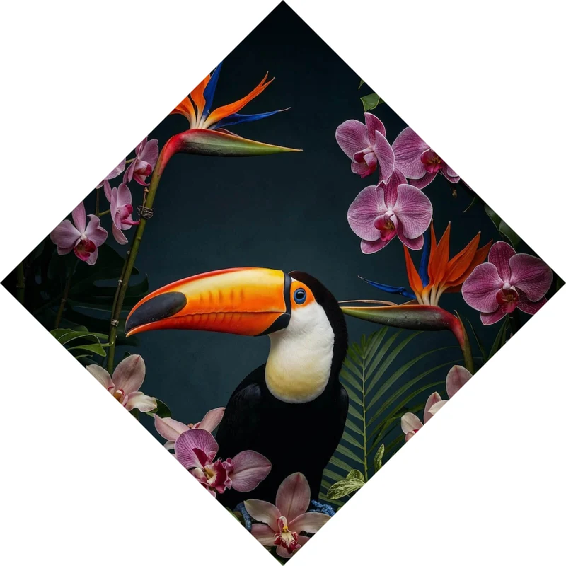 Acrylglasbild Exotischer Vogel mit tropischen Pflanzen Raute