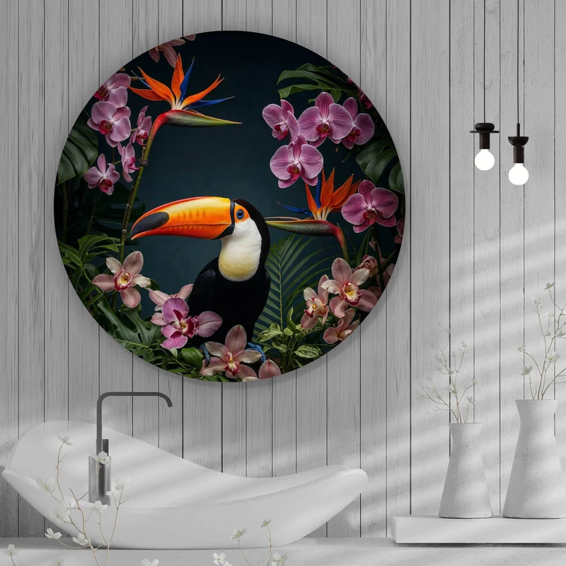 Aluminiumbild Exotischer Vogel mit tropischen Pflanzen Kreis