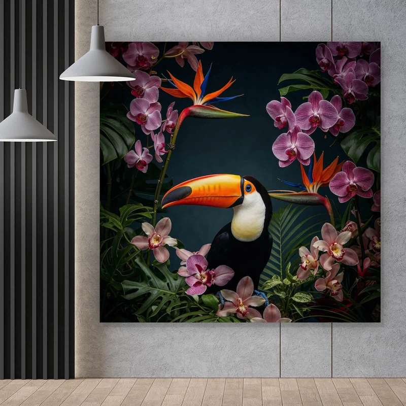 Leinwandbild Exotischer Vogel mit tropischen Pflanzen Quadrat